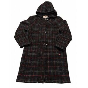 Woolrich Women’s L Black Red Plaid Wool Blend Hooded Toggle Duffle Coat